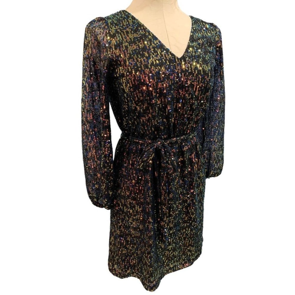 XXS‎ LOFT Women's Sequin Mini Dress Belted V-Neck Banded Sheer Sleeve